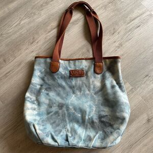 Lucky Brand Blue Tie Dye Cotton Canvas & Medium Brown Leather Tote Bag